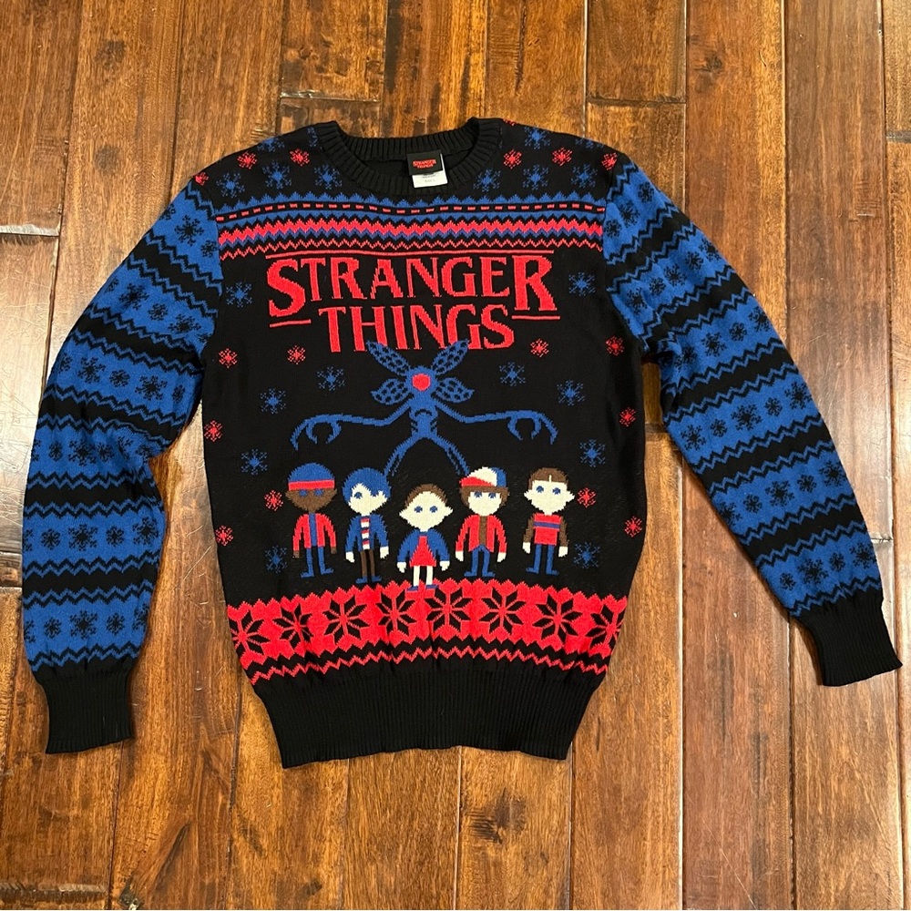Stranger Things Graphic Sweatshirt Black Blue Ugly Christmas Holiday Men’s Large